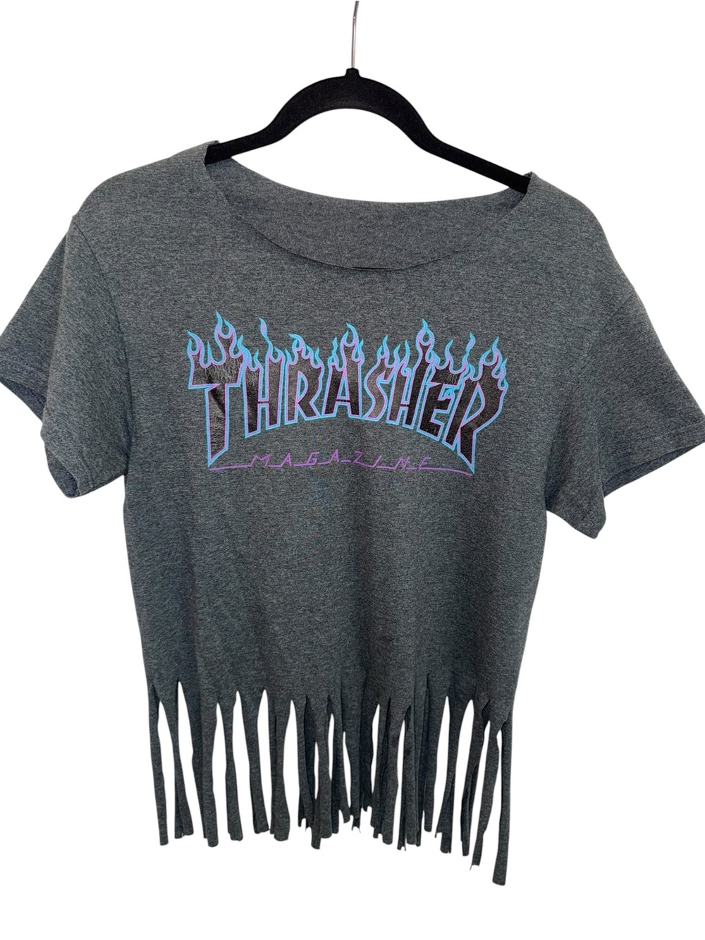 Thrasher Gray Fringe Crop Tee with Blue and Purple Flame Logo